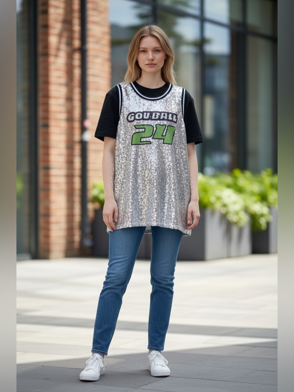 Forever 21 Silver Sequin Sleeveless Jersey with Gov Ball Number 24